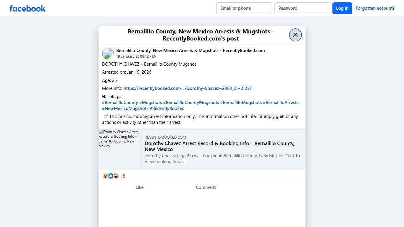 DOROTHY CHAVEZ – Bernalillo County Mugshot Arrested on: Jan 19, 2026 Age: 25 More info: https://recentlybooked.com/NM/Bernalillo/Dorothy-Chavez~2383_26-01231 Hashtags: #BernalilloCounty #Mugshots #BernalilloCountyMugshots #BernalilloMugshots #BernalilloArrests #NewMexicoMugshots #RecentlyBooked ** This post is showing arrest information only. This information does not infer or imply guilt of any actions or activity other than... - Bernalillo County, New Mexico Arrests & Mugshots - RecentlyBooked