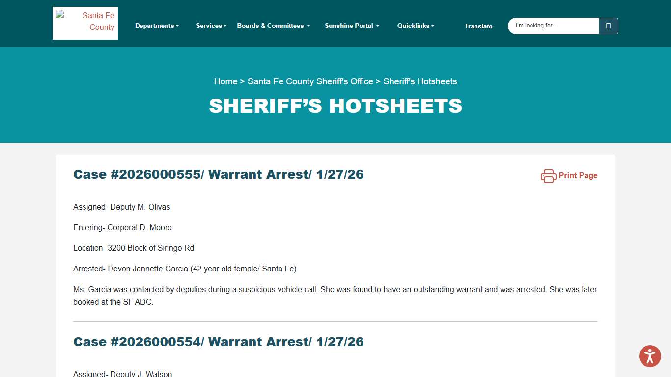 Sheriff’s Hotsheets Santa Fe County